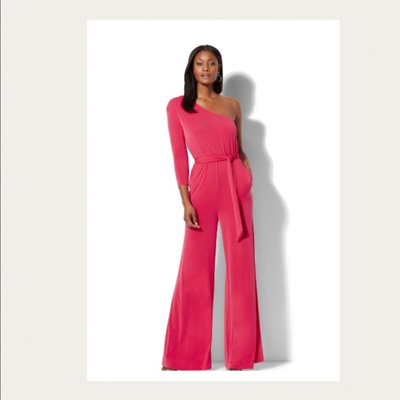 one shoulder pink jumpsuit